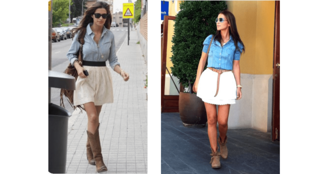 Look country: falda blanca, camisa vaquera y botas cowboy