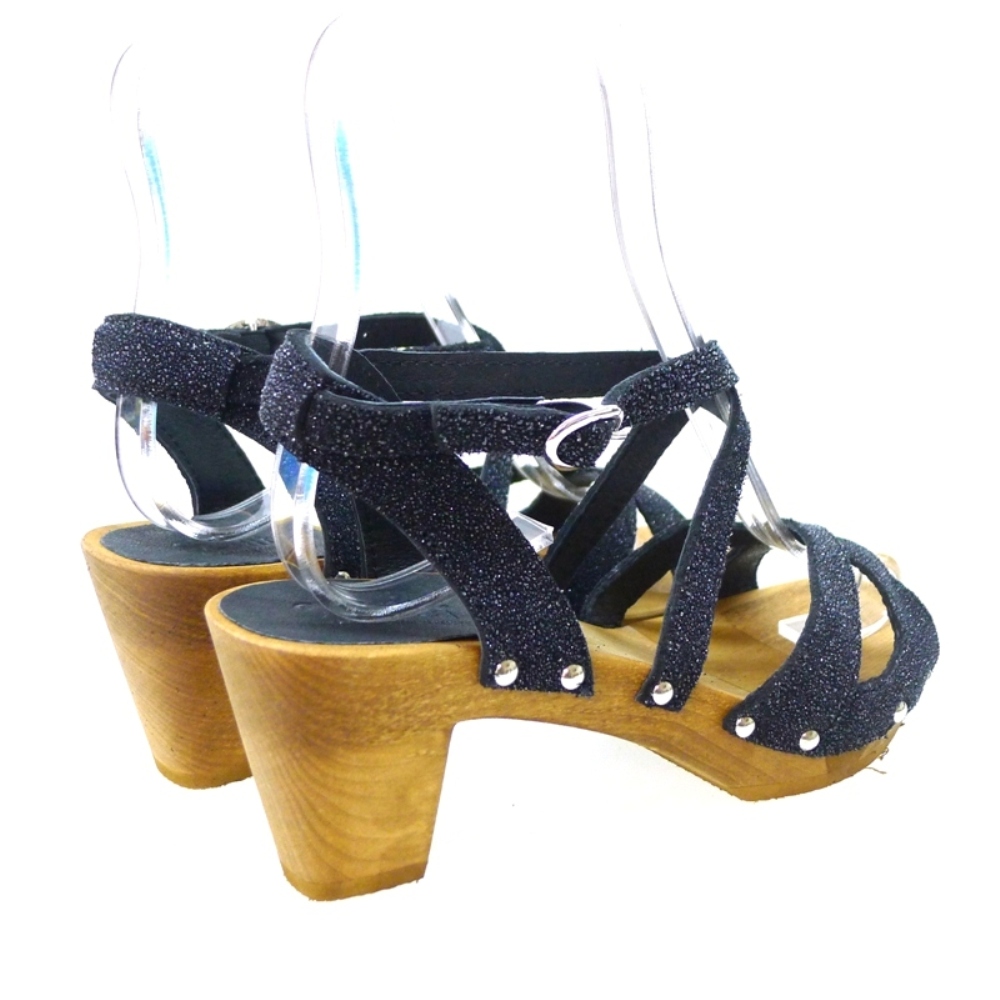Sandalia Tacon Madera Glitter Negro Sanita 451800 Outlet