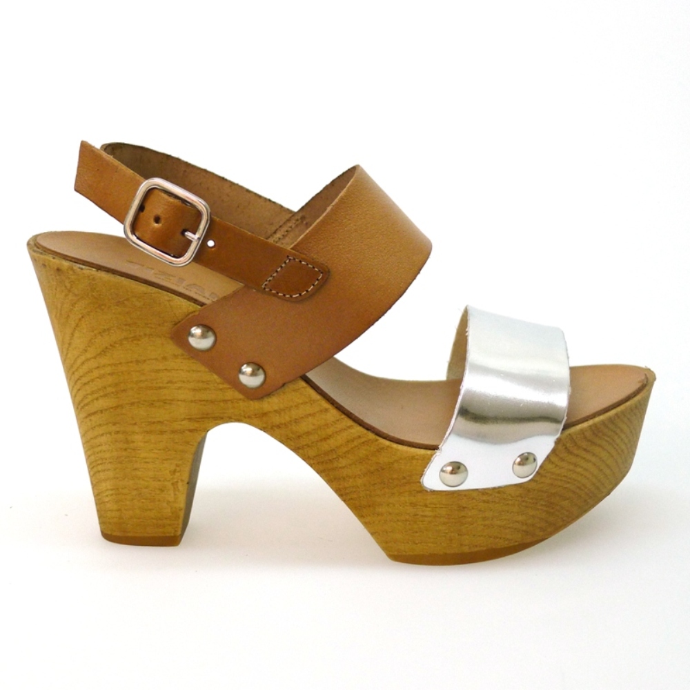 Sandalia tacón madera Tiziana 11020 Plata-Cuero