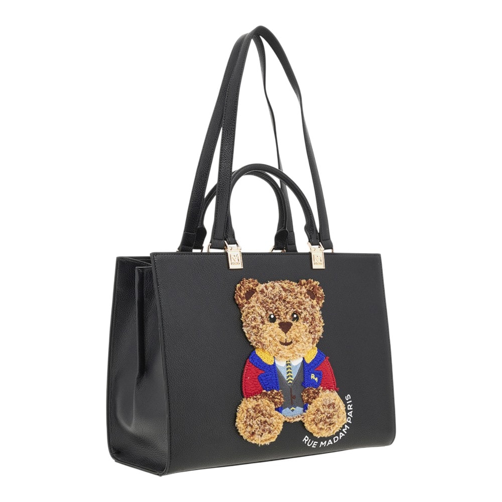 Bolso tote asa negro Rue Madame Paris – amplio y con bordado de osito foto 3