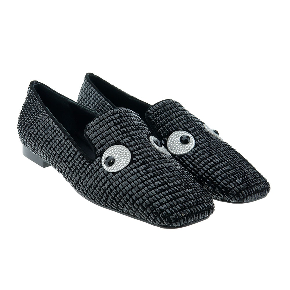 Zapato mocasín mujer strass brillantes ojos Lola Cruz 474Z00BK