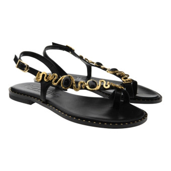 Sandalias planas Kotris piel negra adorno cadena K-817