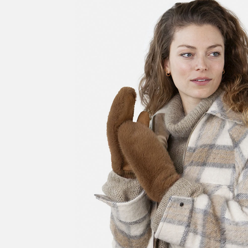 Manoplas mujer invierno Barts marrón y beig con pelo cálido foto 3