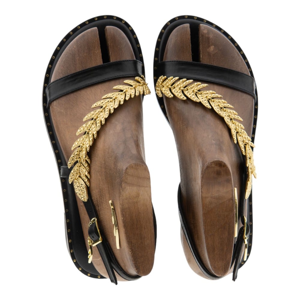Sandalias griegas mujer Caryatis con tacón y hoja dorada – Estilo y artesanía foto 2