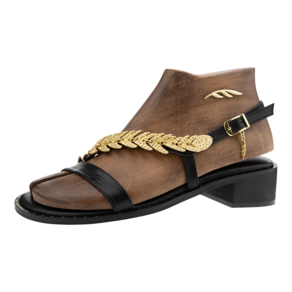Sandalias griegas mujer Caryatis con tacón y hoja dorada – Estilo y artesanía foto 3