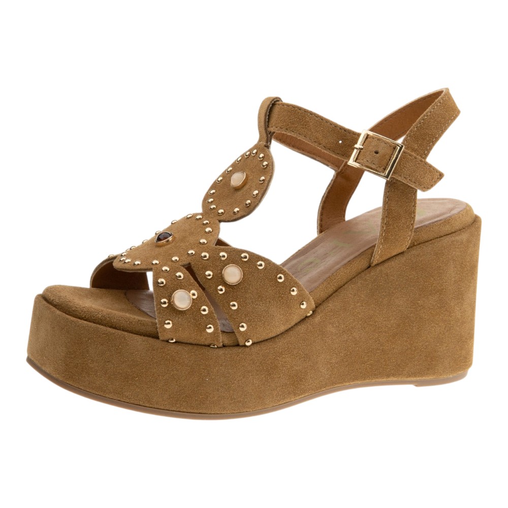 Sandalias cuña piel ante tachas Cafenoir foto 3