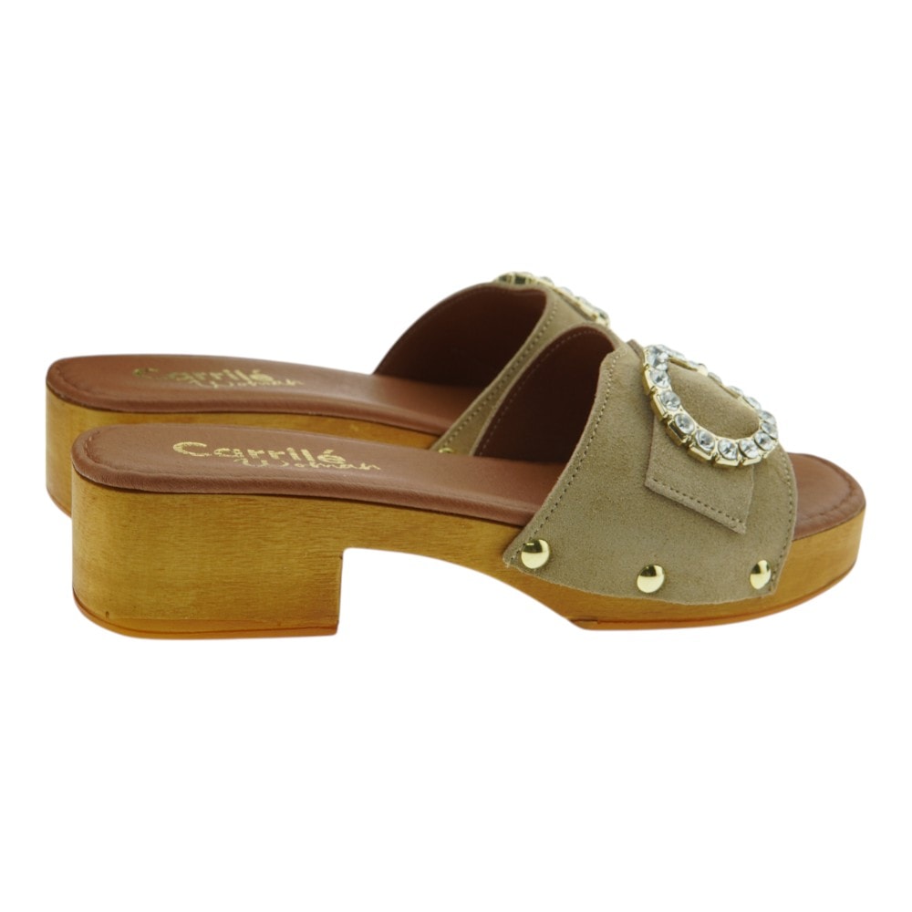 Sandalias tacón bajo madera con hebilla joya taupe | Carrile Woman foto 4