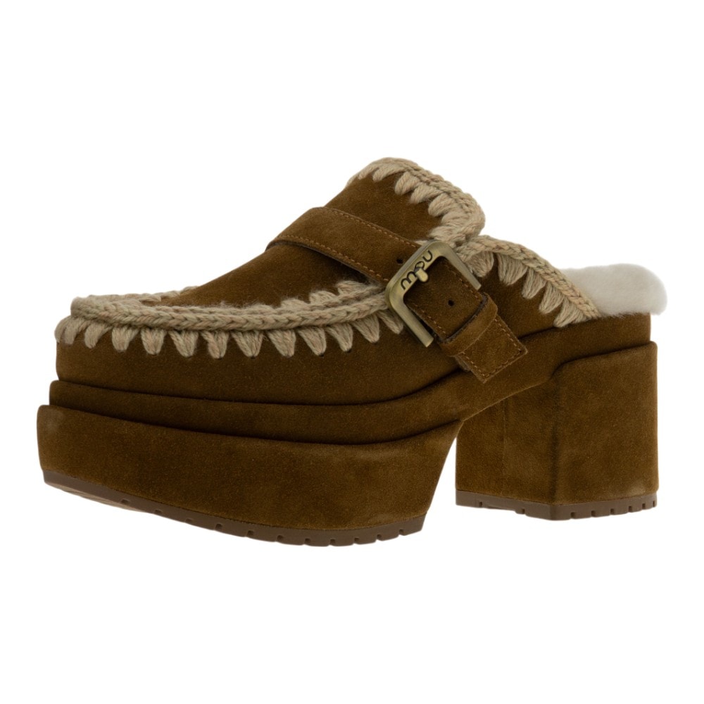 Zuecos tacón pelo Mou camel plataforma y borreguillo foto 3