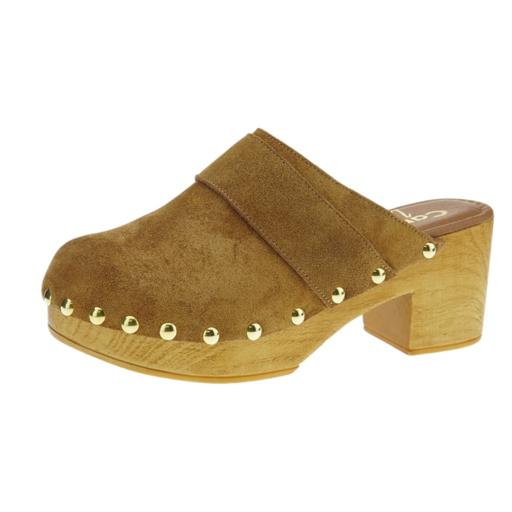 Zuecos serraje mujer color cuero con tacón de madera | Carrilé Woman foto 3