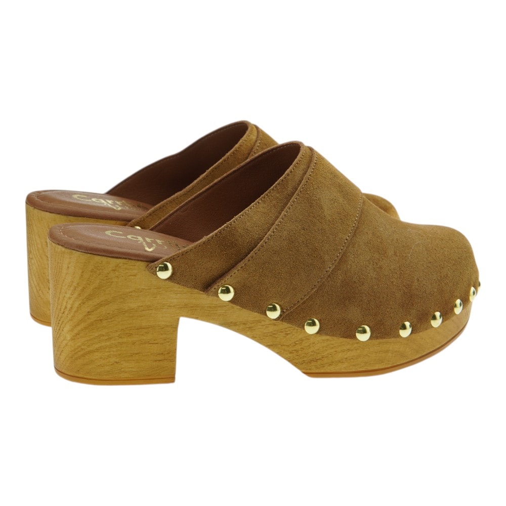 Zuecos serraje mujer color cuero con tacón de madera | Carrilé Woman foto 4